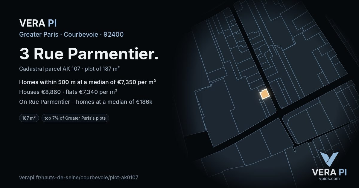 3 Rue Parmentier, Courbevoie at night – the plot lit, the parcels around coloured by the prices near them