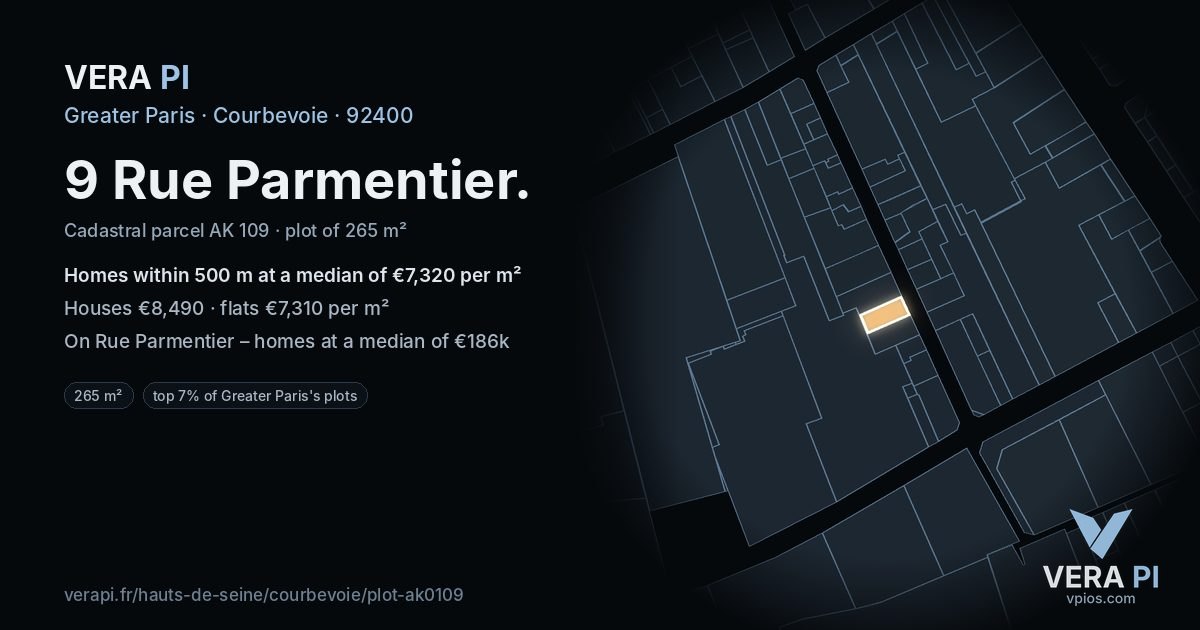 9 Rue Parmentier, Courbevoie at night – the plot lit, the parcels around coloured by the prices near them