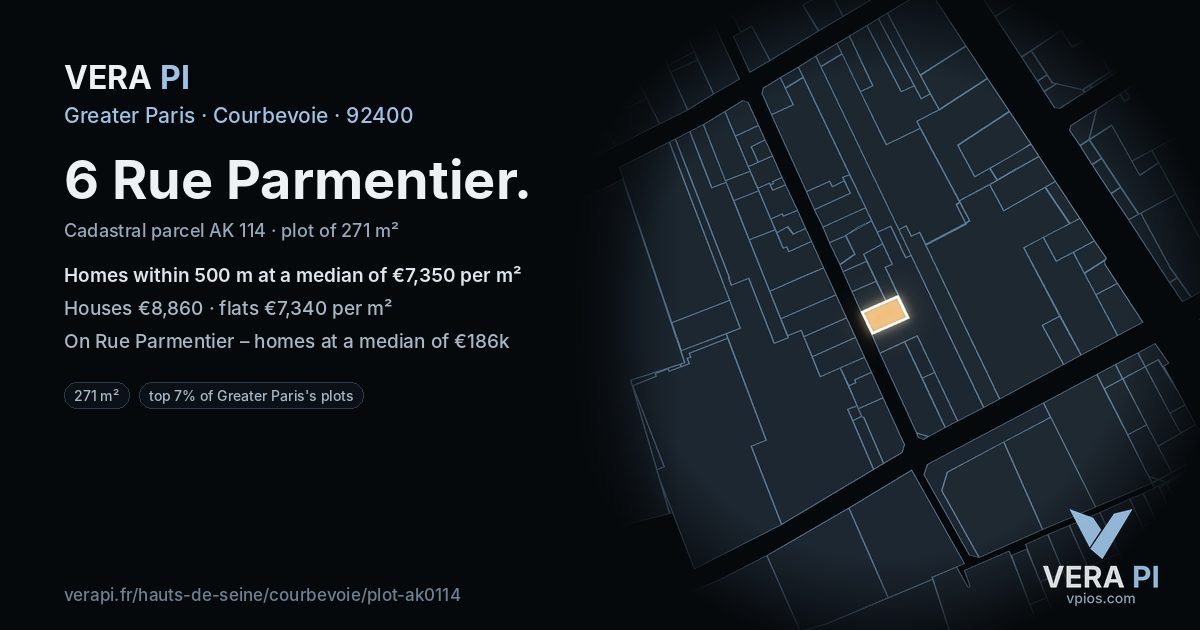 6 Rue Parmentier, Courbevoie at night – the plot lit, the parcels around coloured by the prices near them