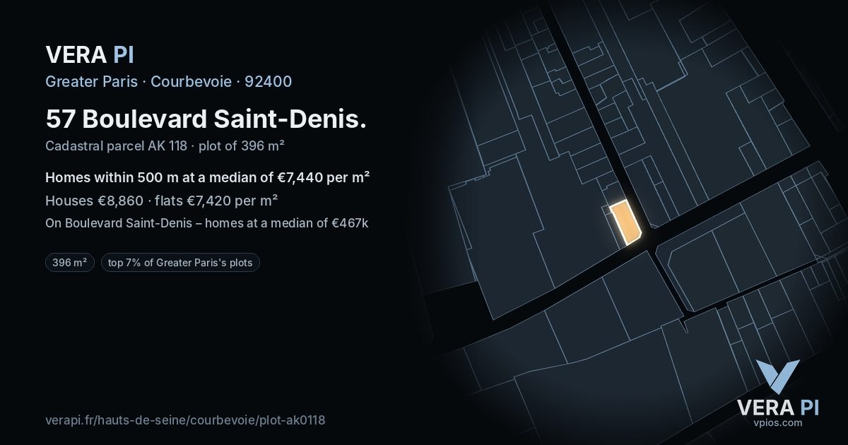 57 Boulevard Saint-Denis, Courbevoie at night – the plot lit, the parcels around coloured by the prices near them