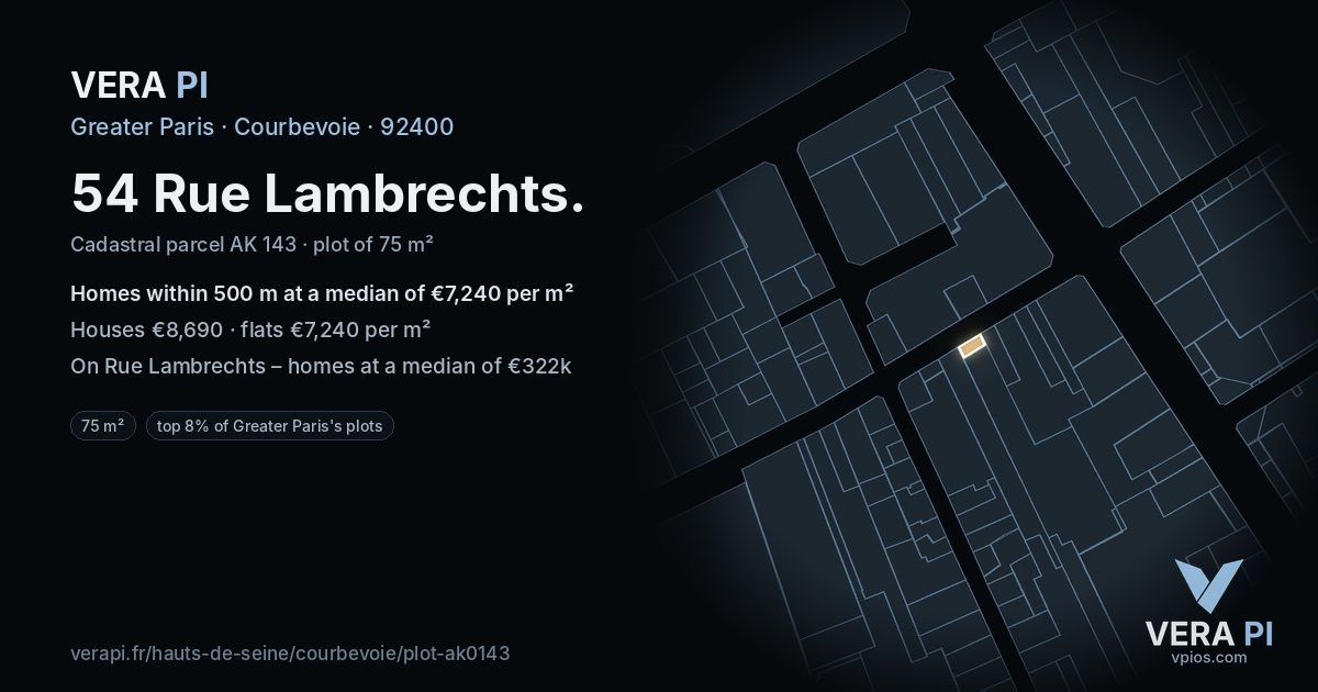 54 Rue Lambrechts, Courbevoie at night – the plot lit, the parcels around coloured by the prices near them