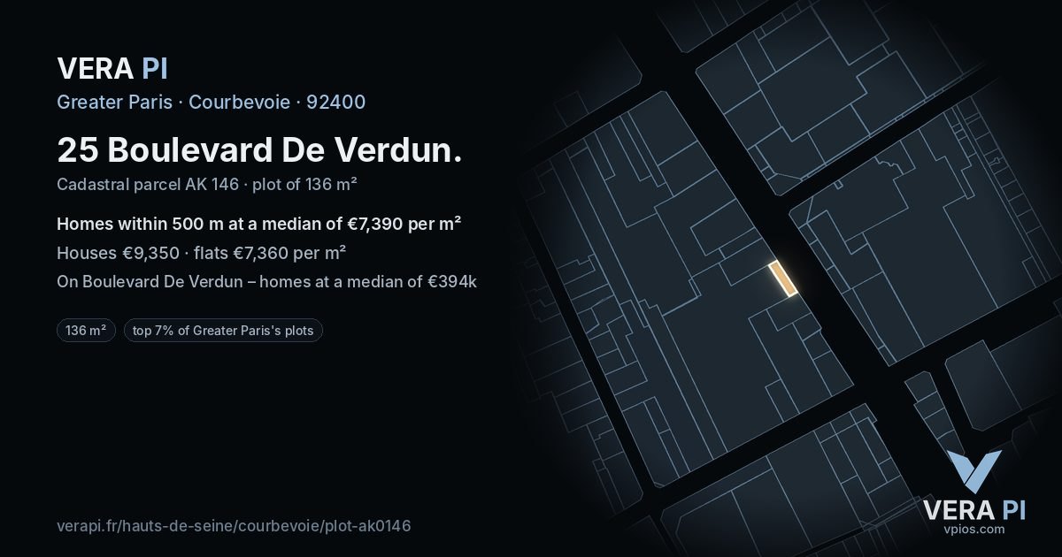 25 Boulevard De Verdun, Courbevoie at night – the plot lit, the parcels around coloured by the prices near them