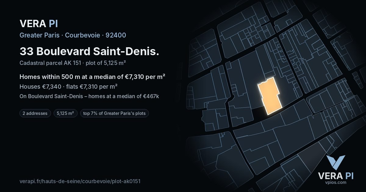 33 Boulevard Saint-Denis, Courbevoie at night – the plot lit, the parcels around coloured by the prices near them