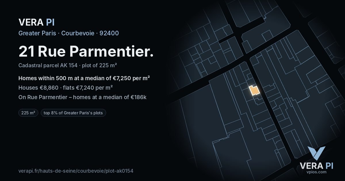 21 Rue Parmentier, Courbevoie at night – the plot lit, the parcels around coloured by the prices near them