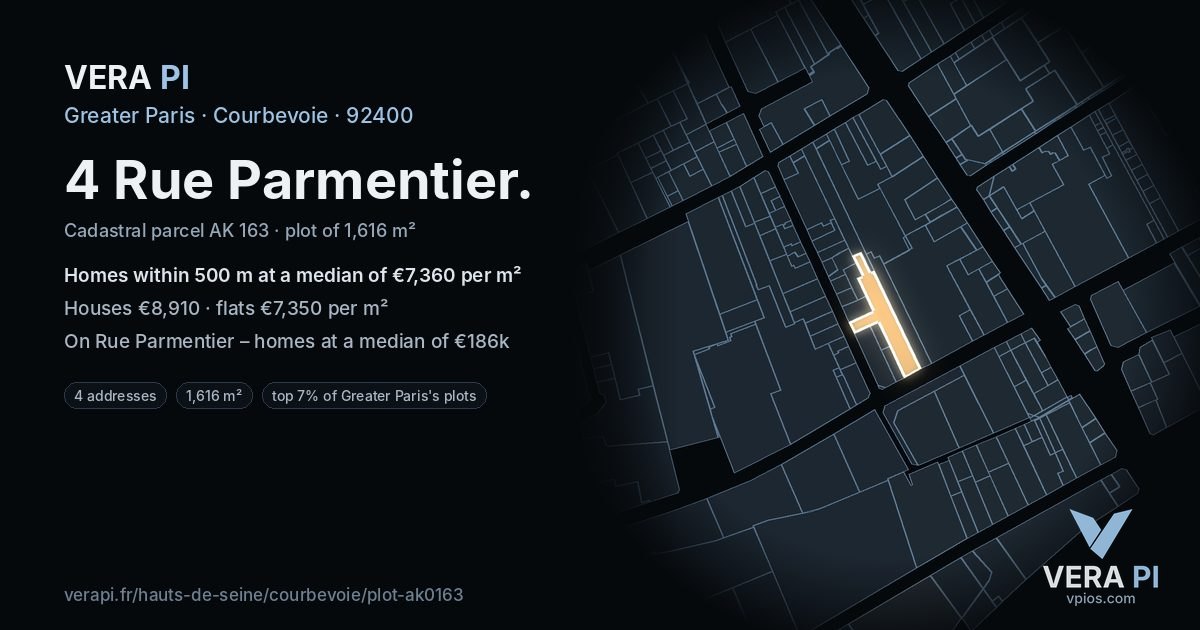 4 Rue Parmentier, Courbevoie at night – the plot lit, the parcels around coloured by the prices near them