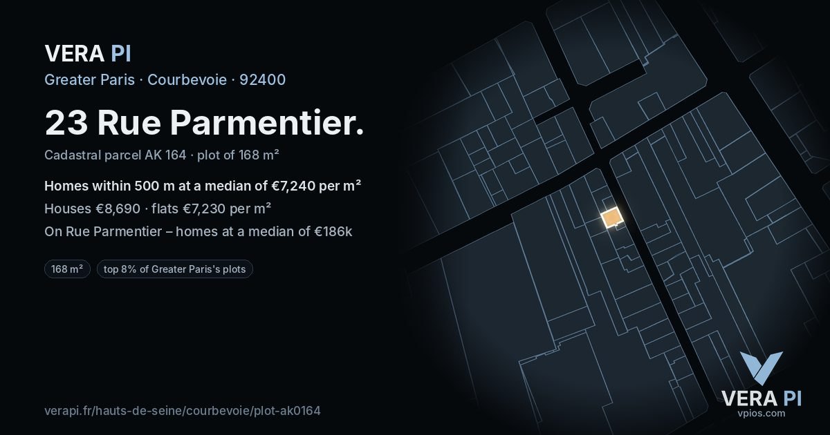 23 Rue Parmentier, Courbevoie at night – the plot lit, the parcels around coloured by the prices near them