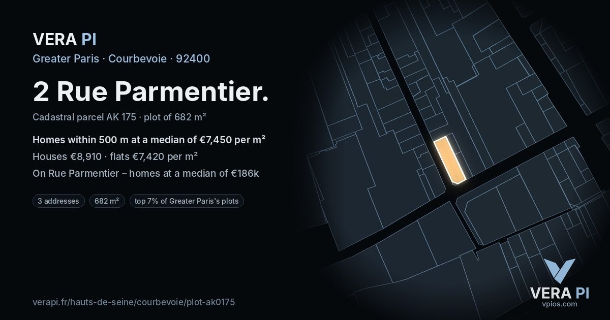 2 Rue Parmentier, Courbevoie at night – the plot lit, the parcels around coloured by the prices near them