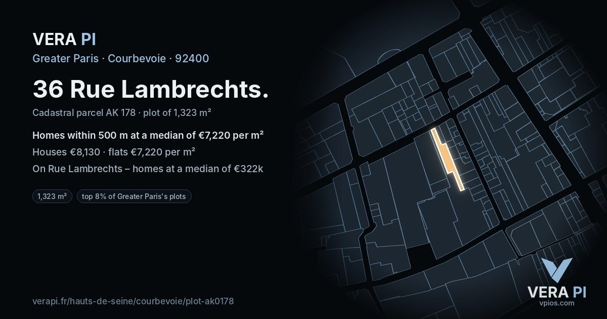 36 Rue Lambrechts, Courbevoie at night – the plot lit, the parcels around coloured by the prices near them