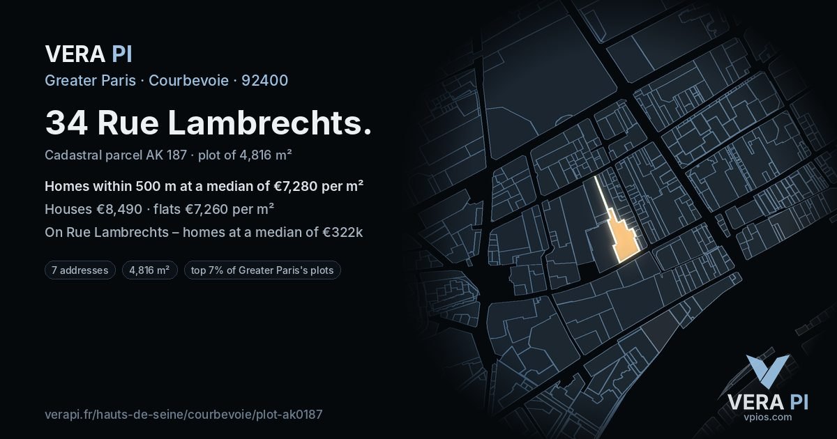 34 Rue Lambrechts, Courbevoie at night – the plot lit, the parcels around coloured by the prices near them