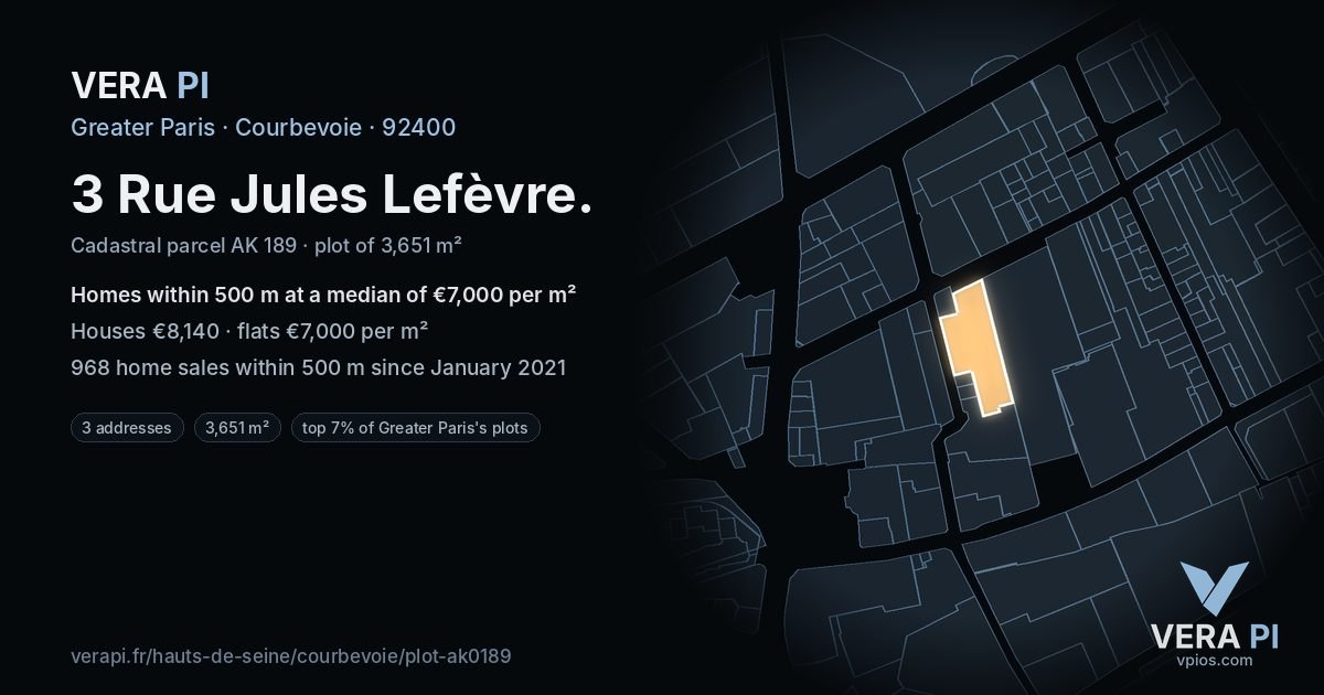 3 Rue Jules Lefèvre, Courbevoie at night – the plot lit, the parcels around coloured by the prices near them