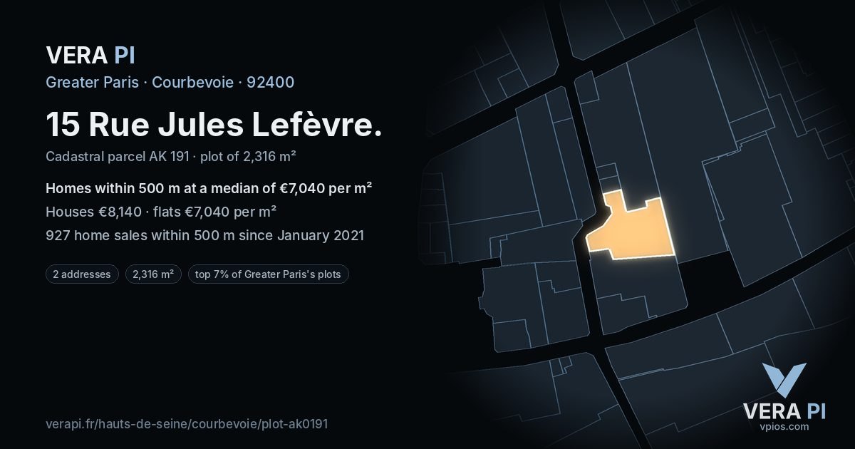 15 Rue Jules Lefèvre, Courbevoie at night – the plot lit, the parcels around coloured by the prices near them