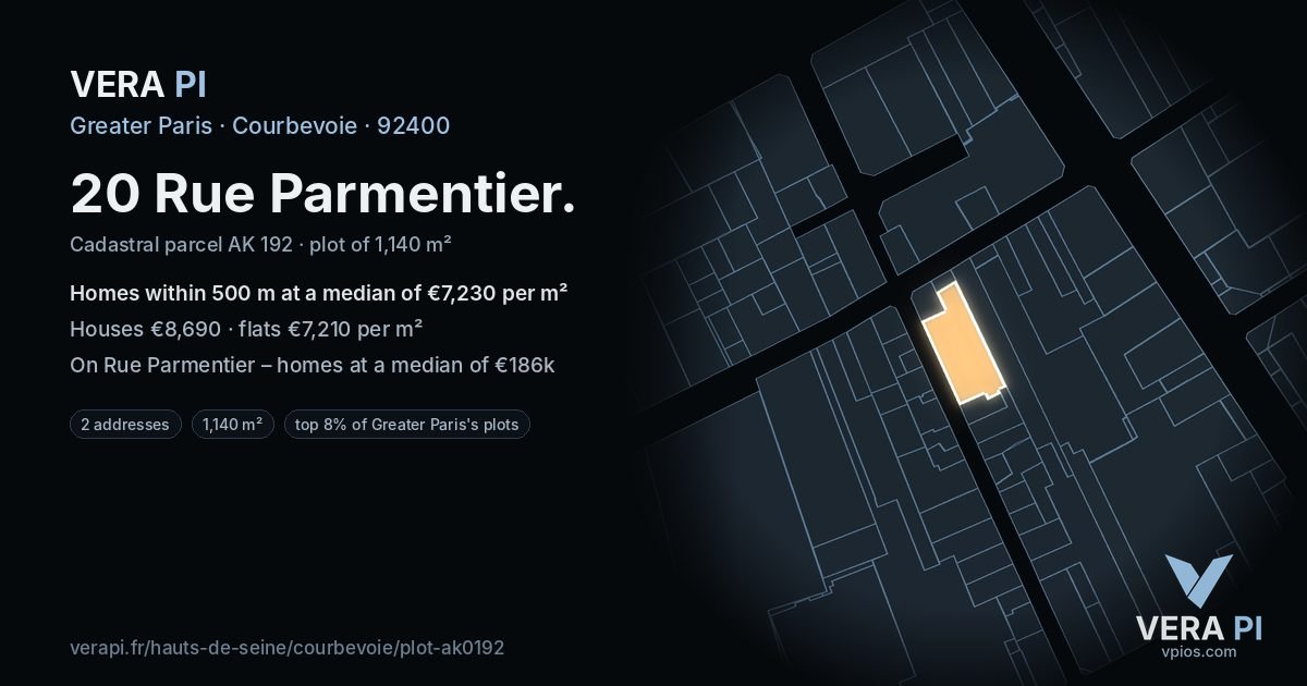 20 Rue Parmentier, Courbevoie at night – the plot lit, the parcels around coloured by the prices near them