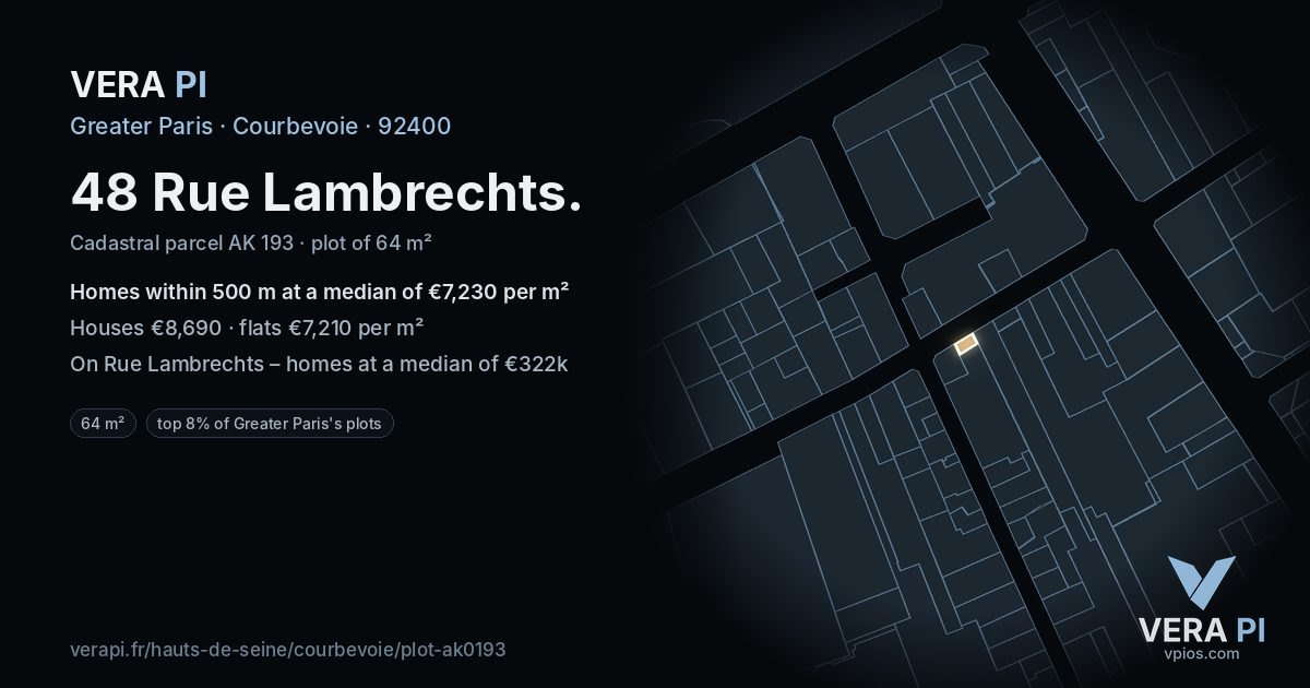 48 Rue Lambrechts, Courbevoie at night – the plot lit, the parcels around coloured by the prices near them