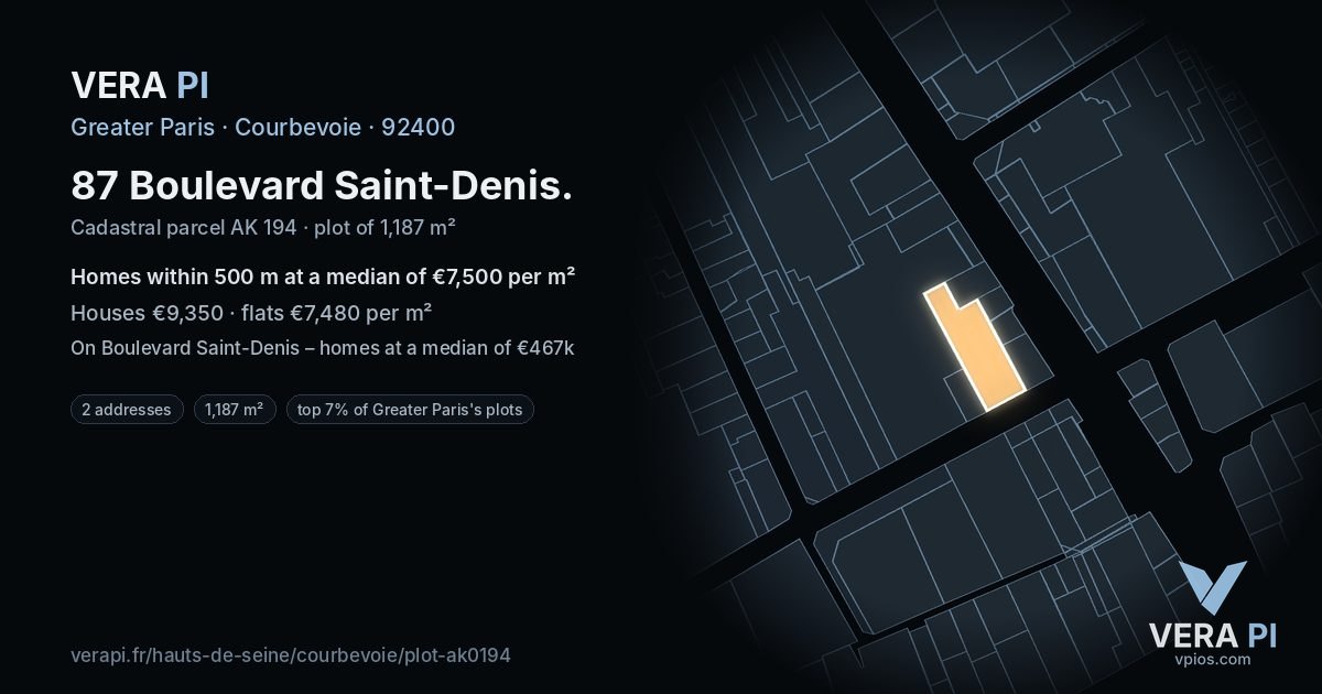 87 Boulevard Saint-Denis, Courbevoie at night – the plot lit, the parcels around coloured by the prices near them