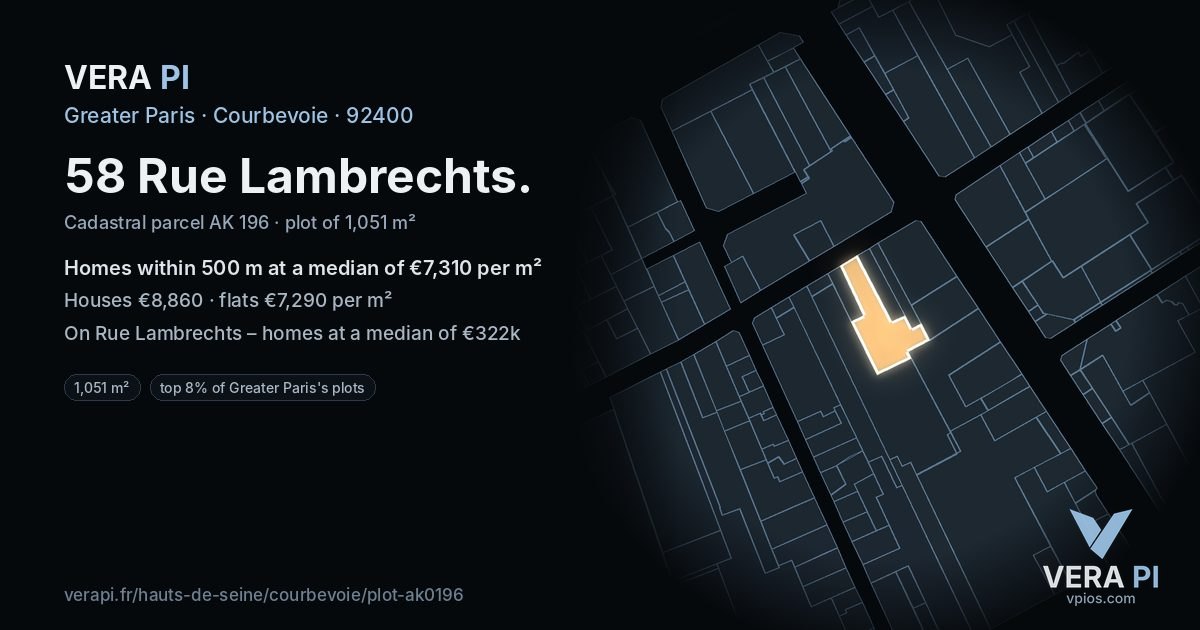 58 Rue Lambrechts, Courbevoie at night – the plot lit, the parcels around coloured by the prices near them