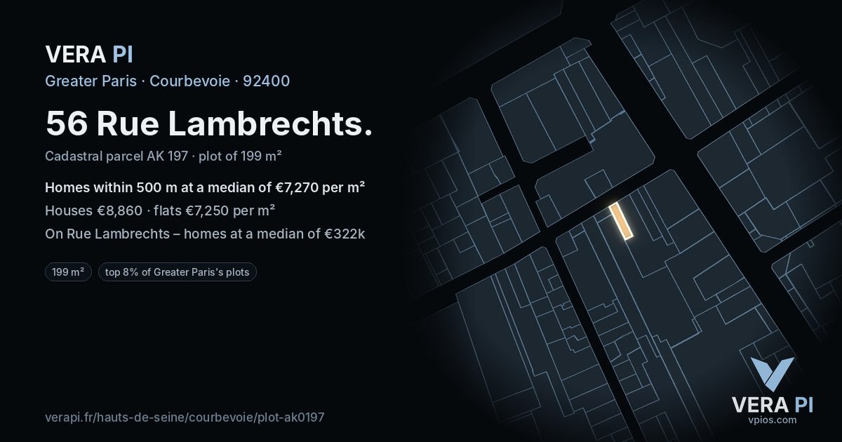 56 Rue Lambrechts, Courbevoie at night – the plot lit, the parcels around coloured by the prices near them