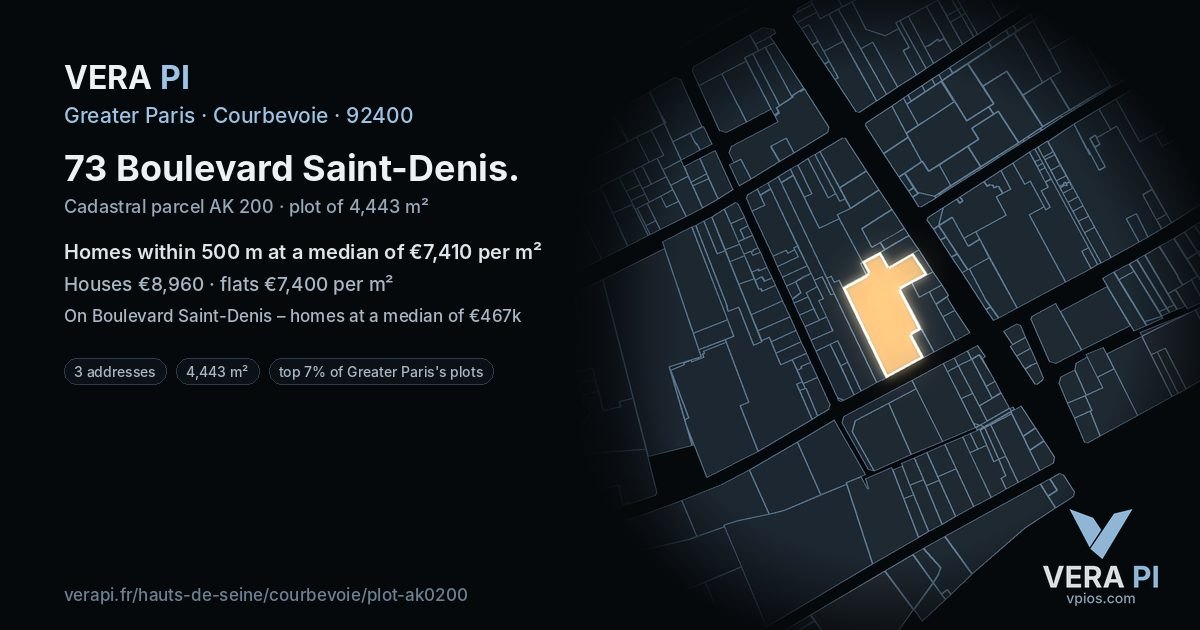73 Boulevard Saint-Denis, Courbevoie at night – the plot lit, the parcels around coloured by the prices near them