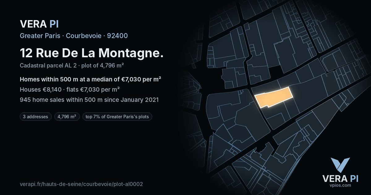 12 Rue De La Montagne, Courbevoie at night – the plot lit, the parcels around coloured by the prices near them