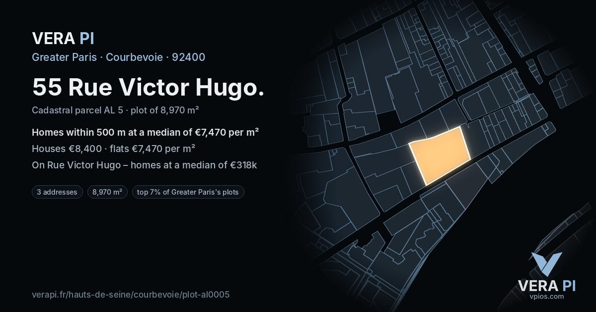 55 Rue Victor Hugo, Courbevoie at night – the plot lit, the parcels around coloured by the prices near them