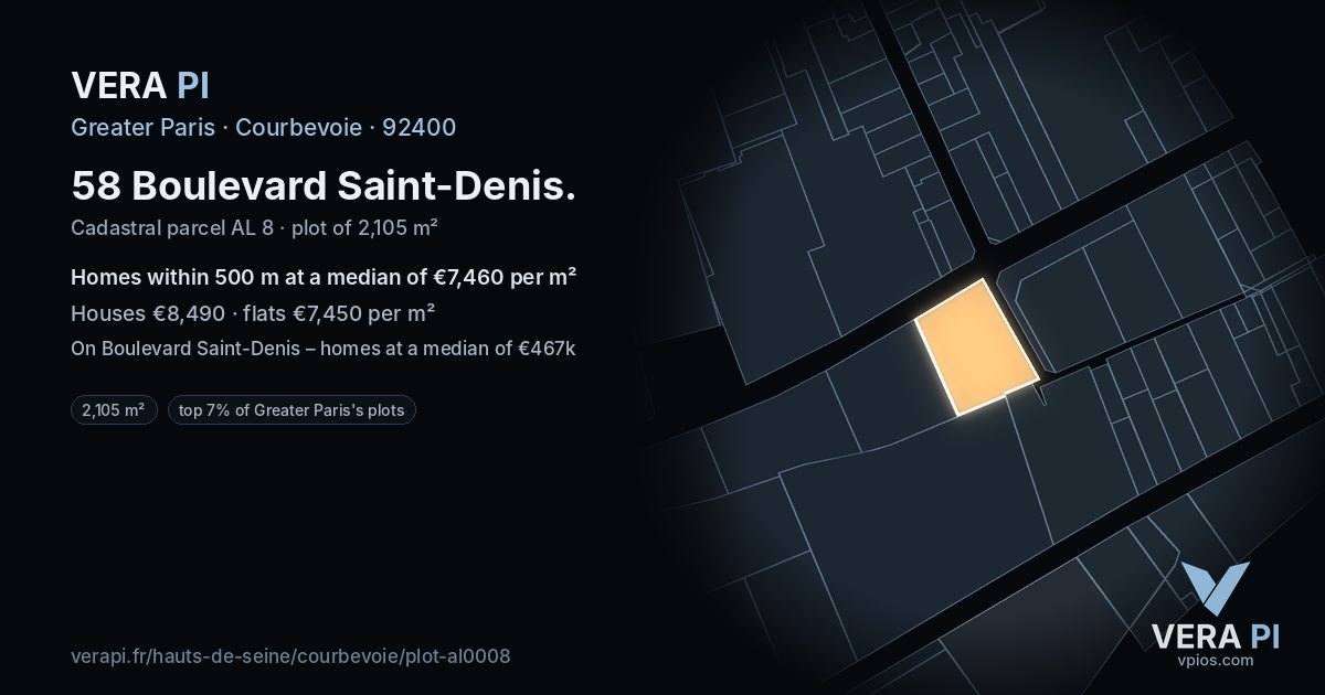 58 Boulevard Saint-Denis, Courbevoie at night – the plot lit, the parcels around coloured by the prices near them