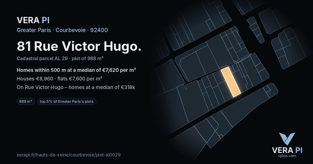 81 Rue Victor Hugo, Courbevoie at night – the plot lit, the parcels around coloured by the prices near them