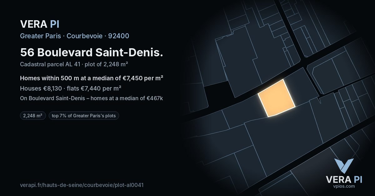 56 Boulevard Saint-Denis, Courbevoie at night – the plot lit, the parcels around coloured by the prices near them