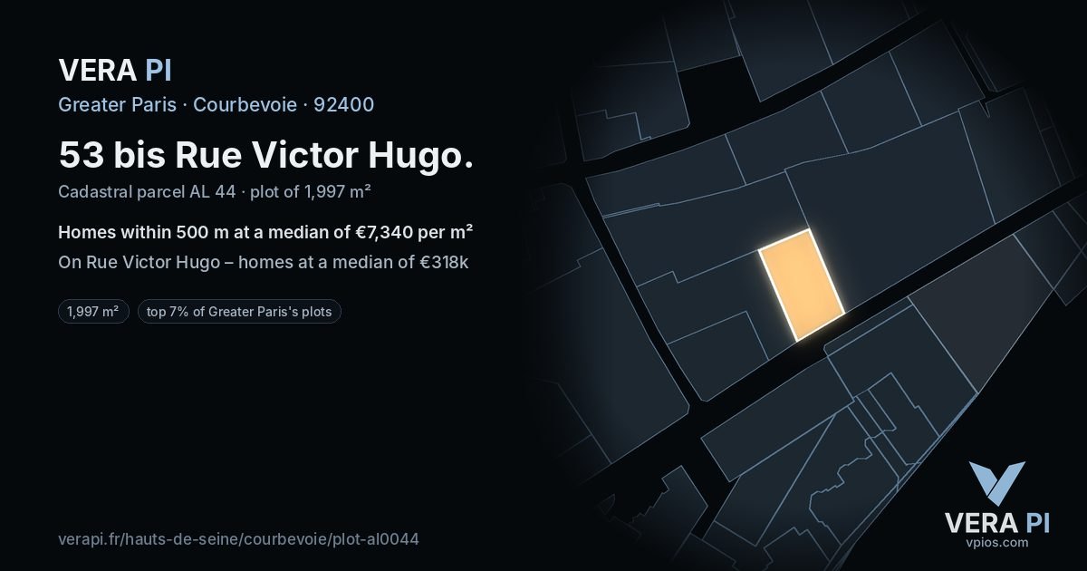 53 bis Rue Victor Hugo, Courbevoie at night – the plot lit, the parcels around coloured by the prices near them
