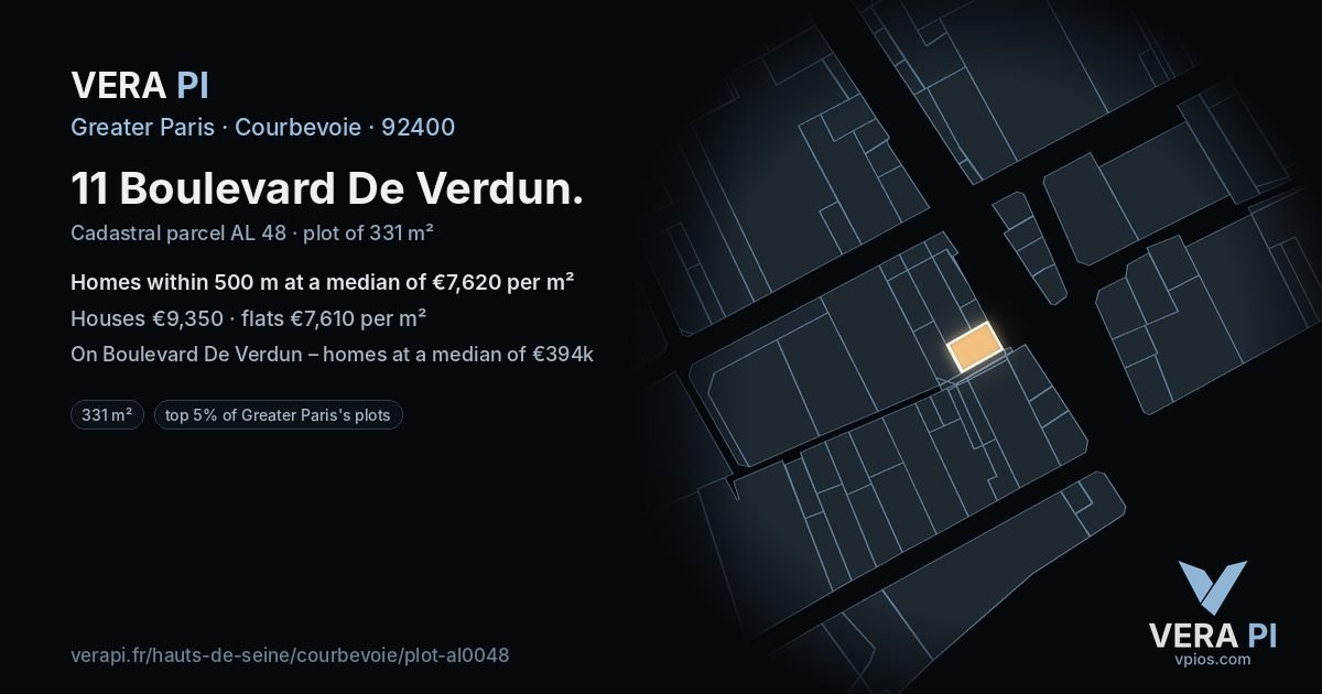 11 Boulevard De Verdun, Courbevoie at night – the plot lit, the parcels around coloured by the prices near them