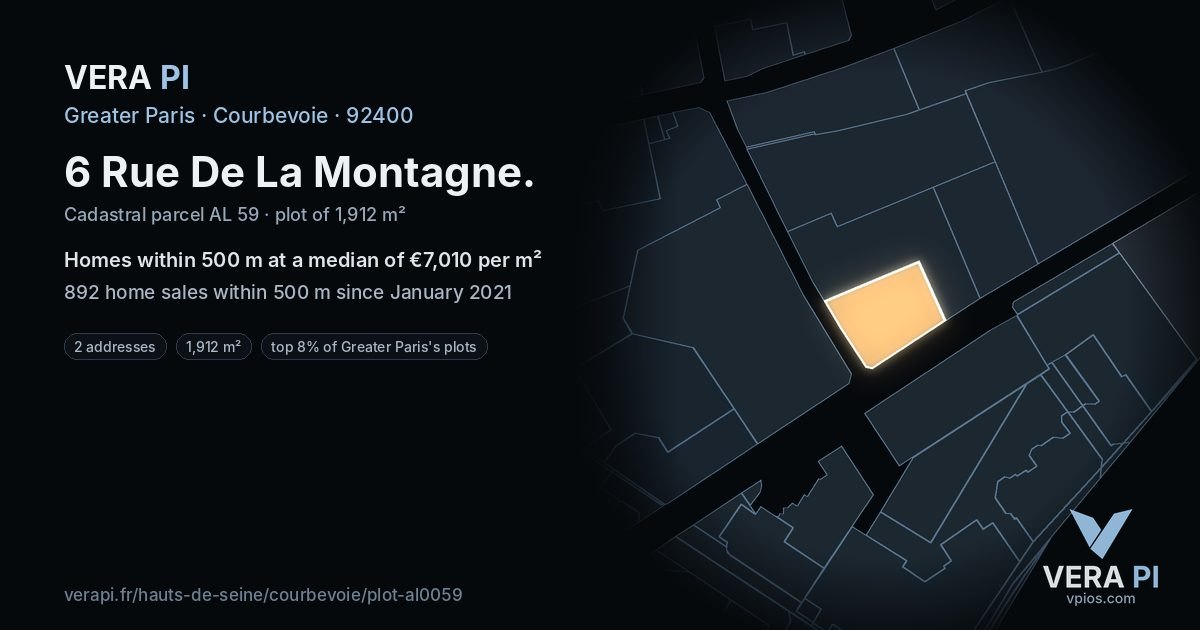 6 Rue De La Montagne, Courbevoie at night – the plot lit, the parcels around coloured by the prices near them