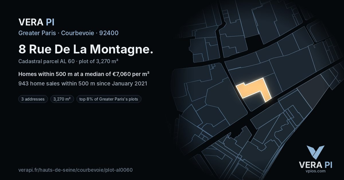 8 Rue De La Montagne, Courbevoie at night – the plot lit, the parcels around coloured by the prices near them