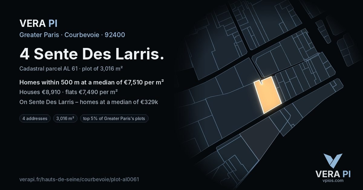 4 Sente Des Larris, Courbevoie at night – the plot lit, the parcels around coloured by the prices near them