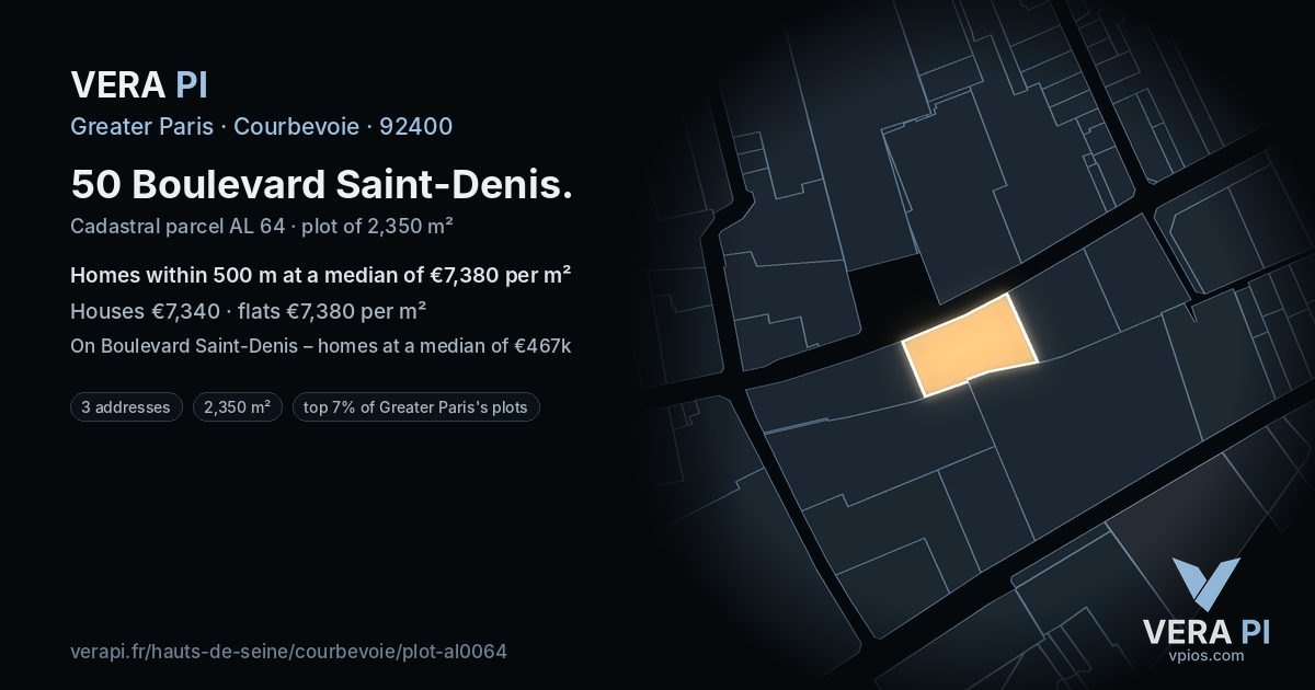 50 Boulevard Saint-Denis, Courbevoie at night – the plot lit, the parcels around coloured by the prices near them
