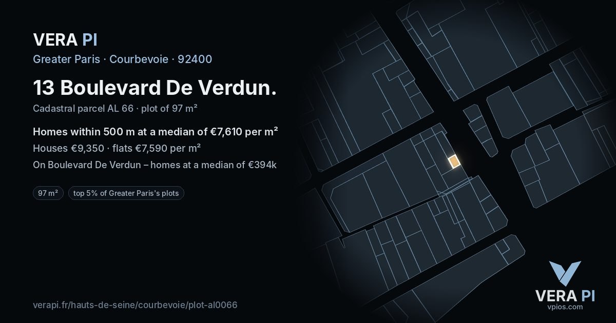 13 Boulevard De Verdun, Courbevoie at night – the plot lit, the parcels around coloured by the prices near them