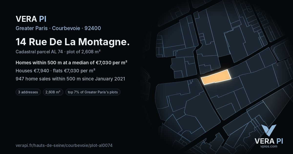 14 Rue De La Montagne, Courbevoie at night – the plot lit, the parcels around coloured by the prices near them