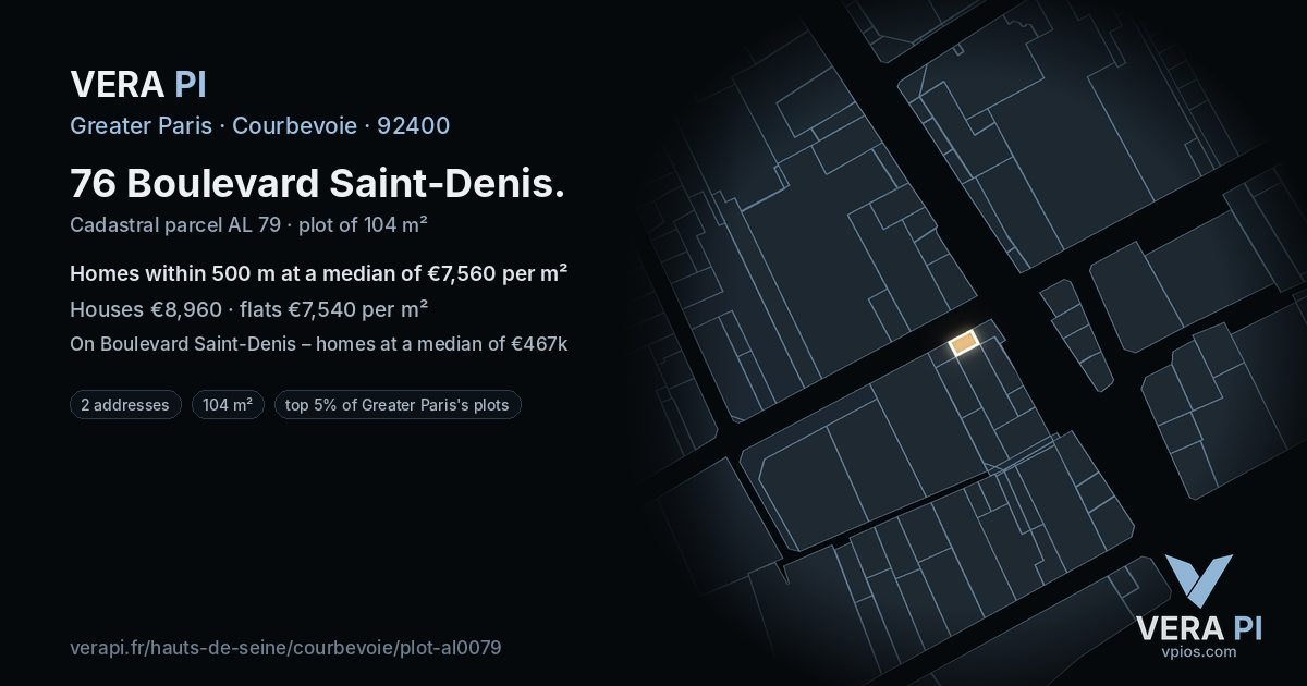 76 Boulevard Saint-Denis, Courbevoie at night – the plot lit, the parcels around coloured by the prices near them