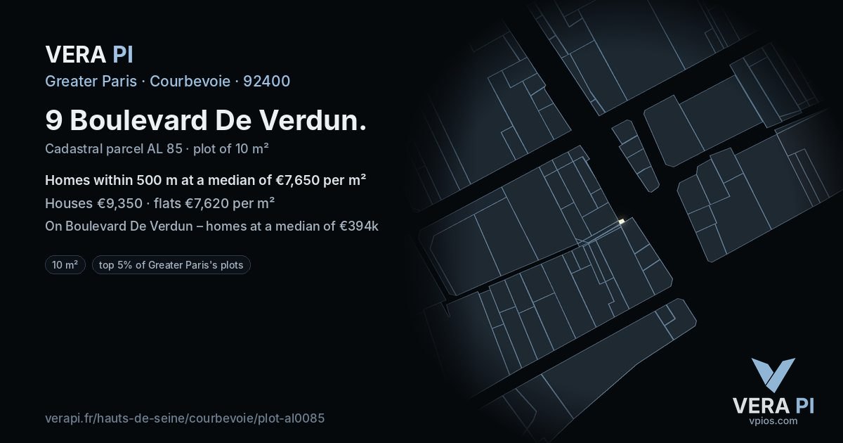 9 Boulevard De Verdun, Courbevoie at night – the plot lit, the parcels around coloured by the prices near them