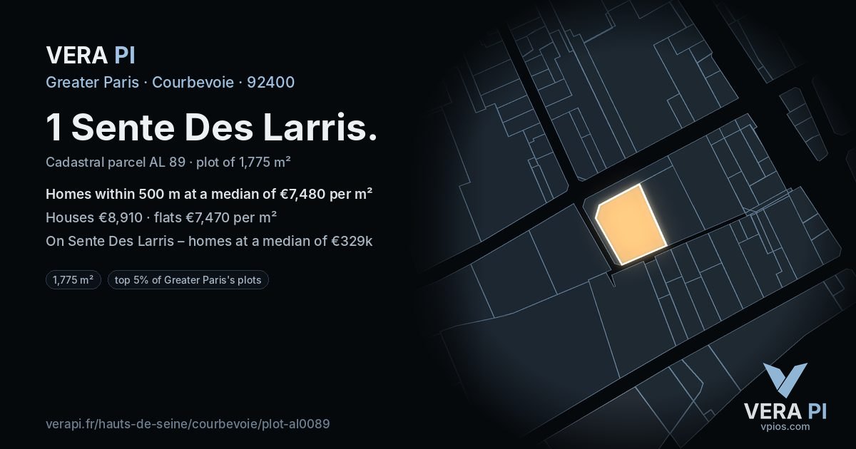 1 Sente Des Larris, Courbevoie at night – the plot lit, the parcels around coloured by the prices near them