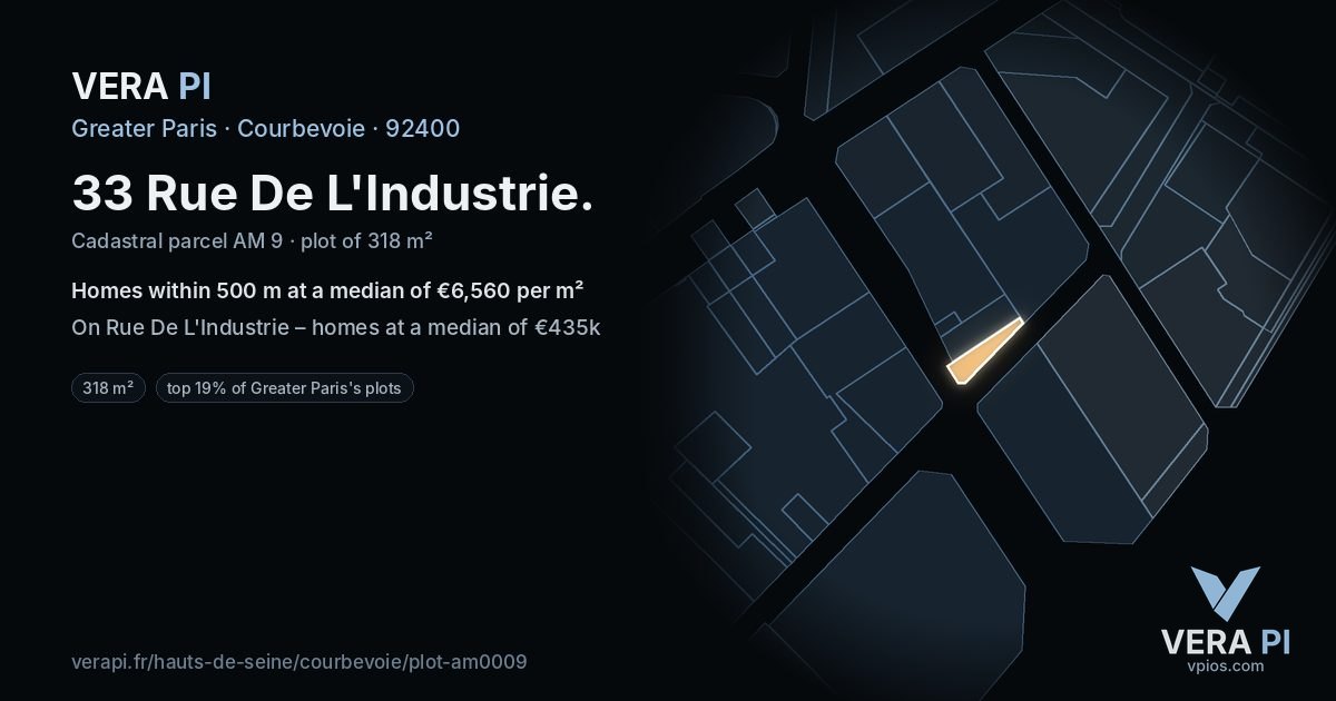 33 Rue De L'Industrie, Courbevoie at night – the plot lit, the parcels around coloured by the prices near them