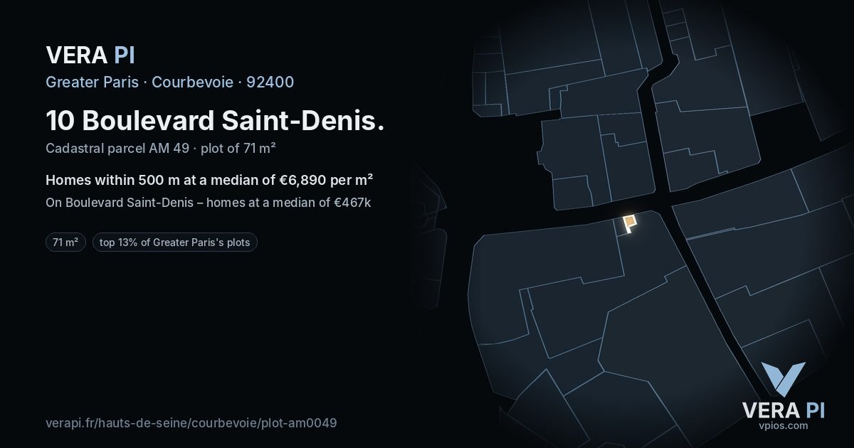 10 Boulevard Saint-Denis, Courbevoie at night – the plot lit, the parcels around coloured by the prices near them