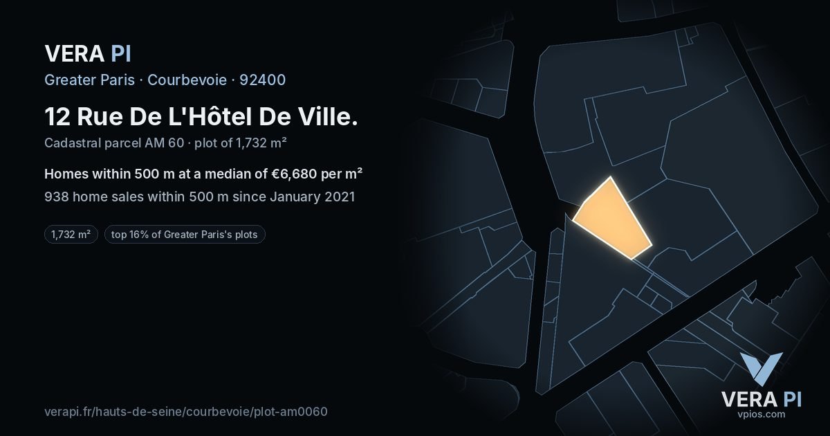 12 Rue De L'Hôtel De Ville, Courbevoie at night – the plot lit, the parcels around coloured by the prices near them