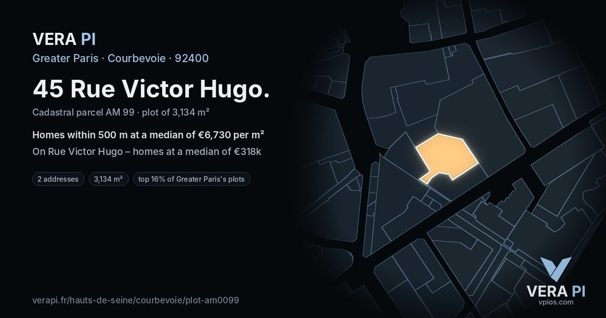 45 Rue Victor Hugo, Courbevoie at night – the plot lit, the parcels around coloured by the prices near them