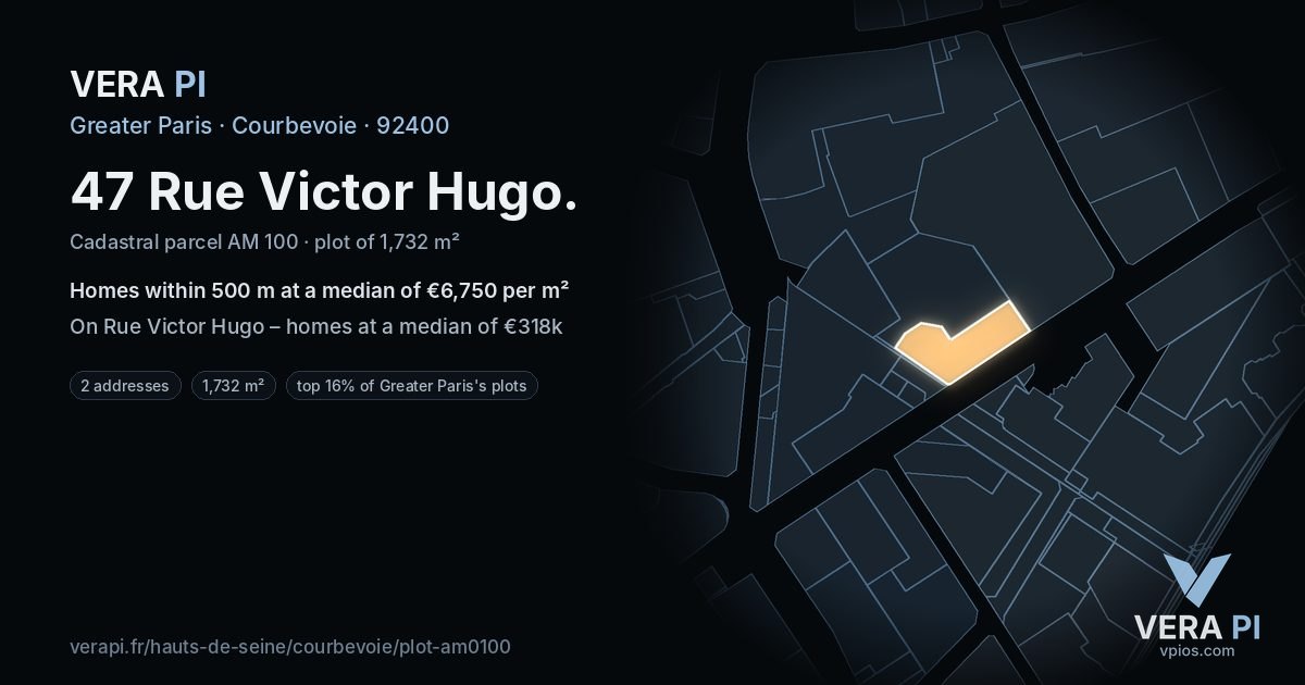 47 Rue Victor Hugo, Courbevoie at night – the plot lit, the parcels around coloured by the prices near them