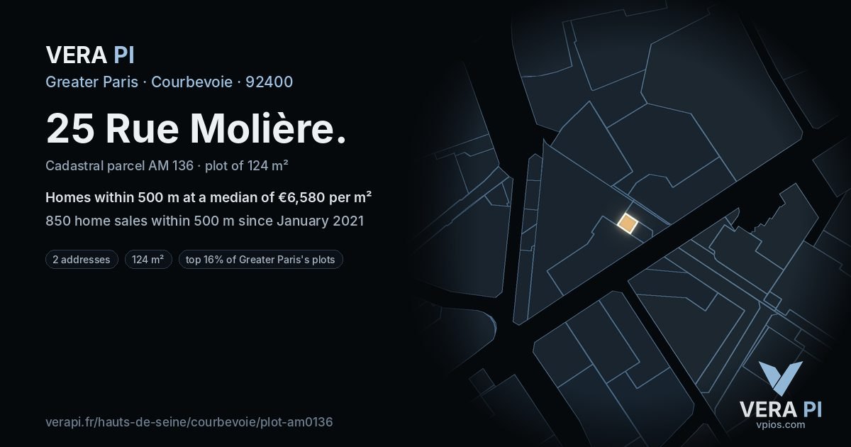25 Rue Molière, Courbevoie at night – the plot lit, the parcels around coloured by the prices near them
