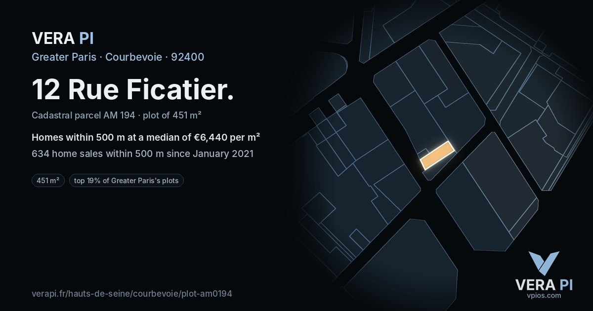 12 Rue Ficatier, Courbevoie at night – the plot lit, the parcels around coloured by the prices near them