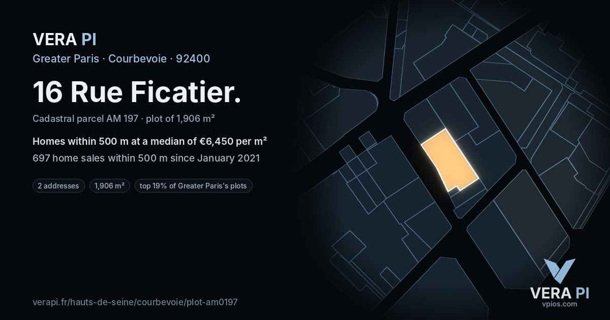 16 Rue Ficatier, Courbevoie at night – the plot lit, the parcels around coloured by the prices near them