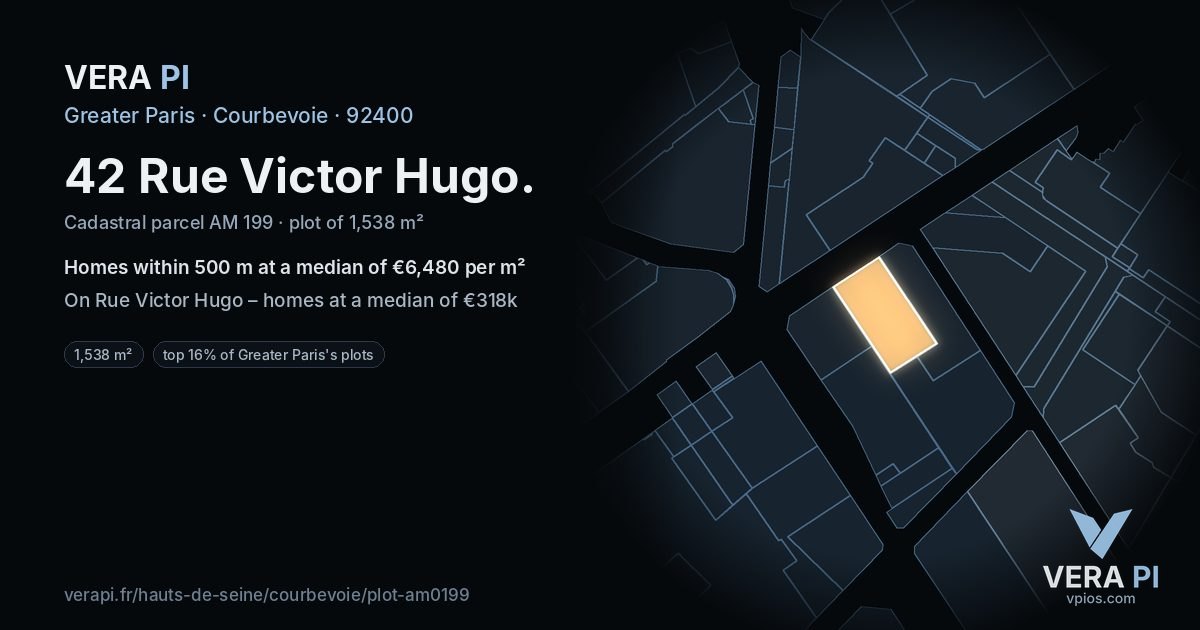 42 Rue Victor Hugo, Courbevoie at night – the plot lit, the parcels around coloured by the prices near them