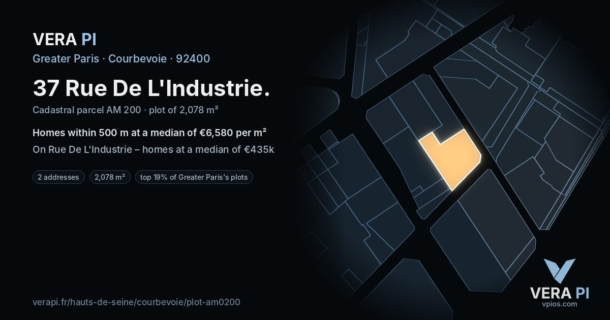 37 Rue De L'Industrie, Courbevoie at night – the plot lit, the parcels around coloured by the prices near them