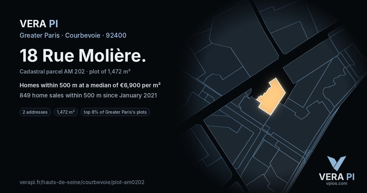 18 Rue Molière, Courbevoie at night – the plot lit, the parcels around coloured by the prices near them