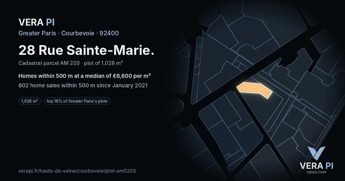 28 Rue Sainte-Marie, Courbevoie at night – the plot lit, the parcels around coloured by the prices near them