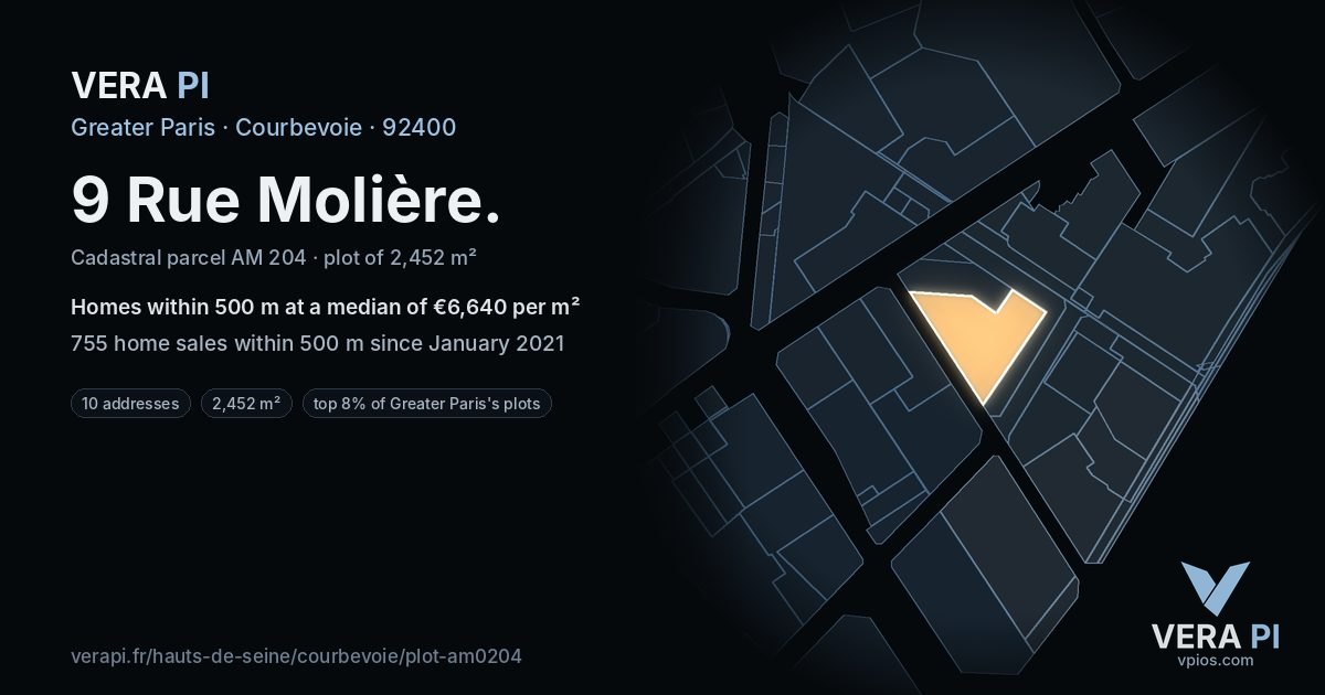 9 Rue Molière, Courbevoie at night – the plot lit, the parcels around coloured by the prices near them